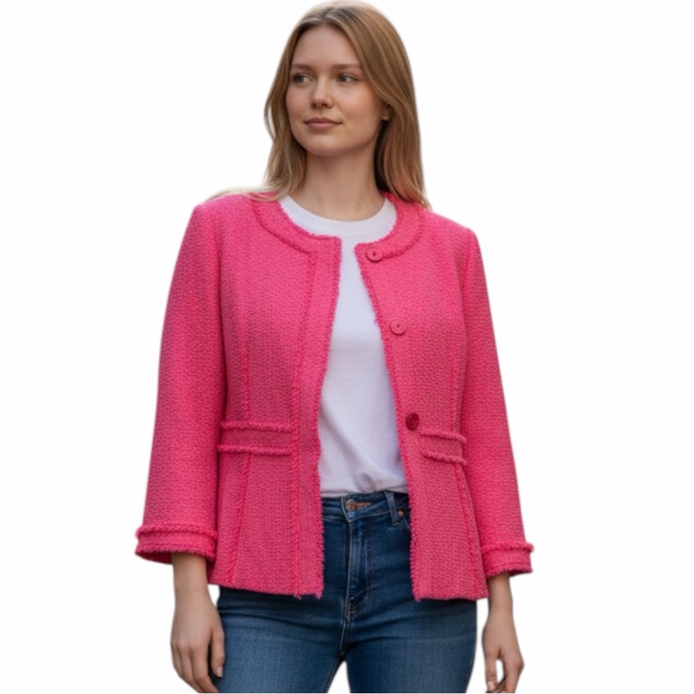 LAFAYETTE 148 New York Pink Barbiecore Tweed Snap-Front Fringe Blazer Size 6